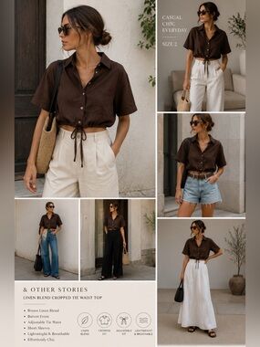 & Other Stories Brown Linen Blend Cropped Button Down Tie Waist Top Size 2